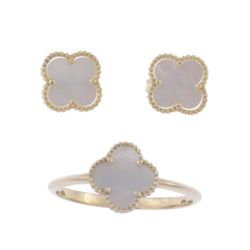 RING AND EARRINGS WITH MOTHER-OF-PEARL, AFTER ALHAMBRA MODELS BY VAN CLEEF.