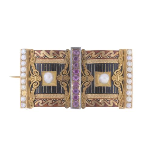 ALPHONSINE BROOCH WITH RUBIES AND PEARLS.