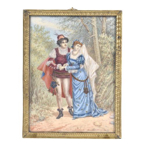19TH CENTURY FRENCH SCHOOL. Miniature with neo-Gothic gallant scene, 19th century.