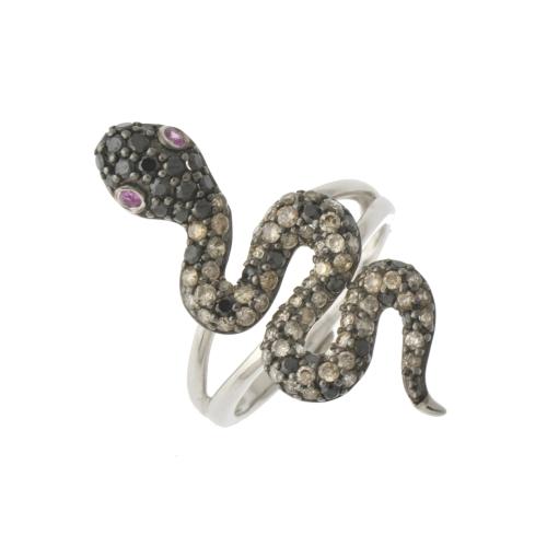 Snake-shaped ring with diamonds and rubies.