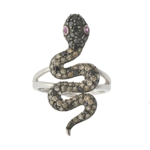 Snake-shaped ring with diamonds and rubies.