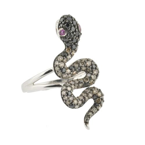 Snake-shaped ring with diamonds and rubies.