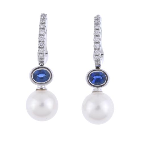 Creole earrings with sapphires and pendant pearls.