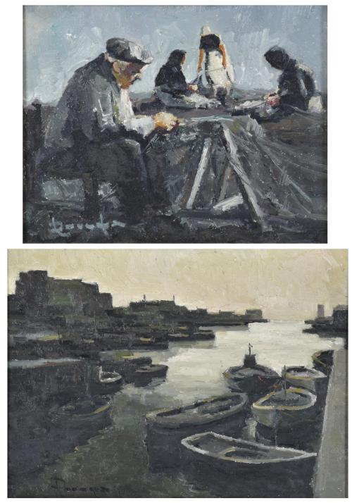 RAMON POVEDA IBARS (1936).  "Zurciendo redes", 1977 and "Marina, puerto de pescadores, Barcelona", 1977.