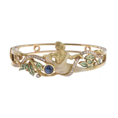 MASRIERA. Modernist rigid bracelet in the shape of a nymph, with sapphire, diamonds and enamel.