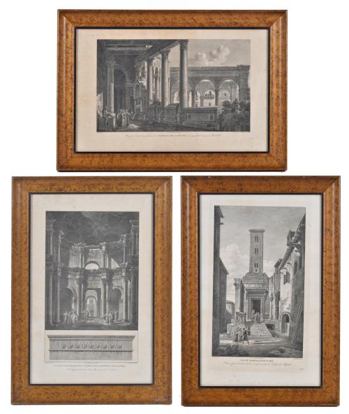E. LEPAGELET (Act. 1785-1810) y EMILE DESMAISONS (1812-1880). Conjunto de tres grabados. "Temple de Jupiter", "Temple d'esculape" y "Temple de Jupiter a spalatro".