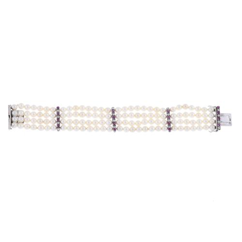 J. ROCA. Pulsera de cuatro hilos de perlas rubíes y diamant