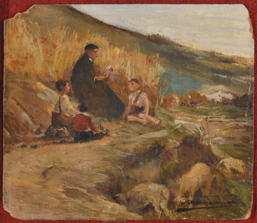 ARCADI MAS I FONDEVILA (1852-1934). "Párroco leyendo a los niños" .