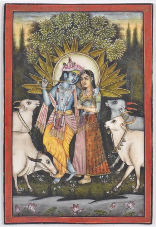ESCUELA INDIA, SIGLO XX.  "Krishna y Radha con vacas sagradas". 