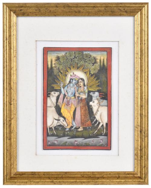 ESCUELA INDIA, SIGLO XX.  "Krishna y Radha con vacas sagrad