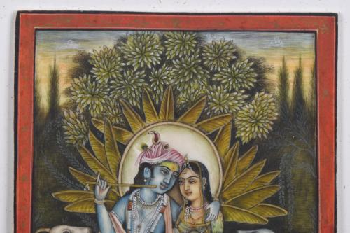 ESCUELA INDIA, SIGLO XX.  "Krishna y Radha con vacas sagrad