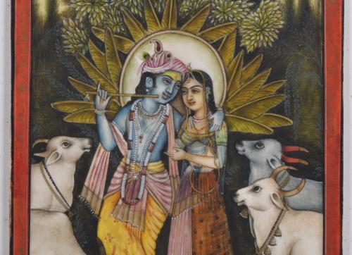 ESCUELA INDIA, SIGLO XX.  "Krishna y Radha con vacas sagrad