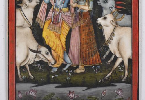 ESCUELA INDIA, SIGLO XX.  "Krishna y Radha con vacas sagrad