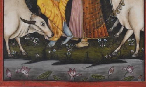 ESCUELA INDIA, SIGLO XX.  "Krishna y Radha con vacas sagrad