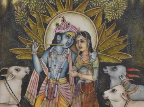 ESCUELA INDIA, SIGLO XX.  "Krishna y Radha con vacas sagrad