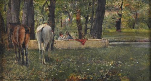 LAUREÀ BARRAU BUÑOL (1864-1957) "Landscape with horses and figures", 1889.