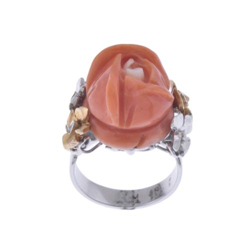 Ring with rose coral flower and diamonds.
