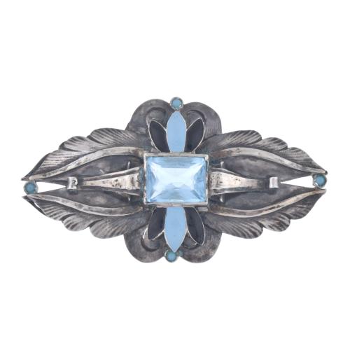 Alphonsine brooch with enamel and aquamarine.