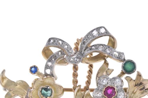Broche en forma de cesta con flores, con diamantes y pedrer