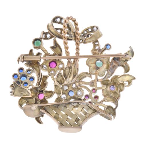 Broche en forma de cesta con flores, con diamantes y pedrer