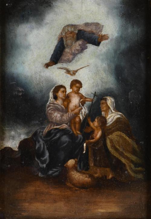 ESCUELA ESPAÑOLA, SIGLO XIX. "Virgen con niño, Santa Isabel y San Juanito" a partir del original de Murillo conservado en el Louvre.