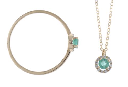 Conjunto de anillo y collar colgante con esmeralda y rosetó