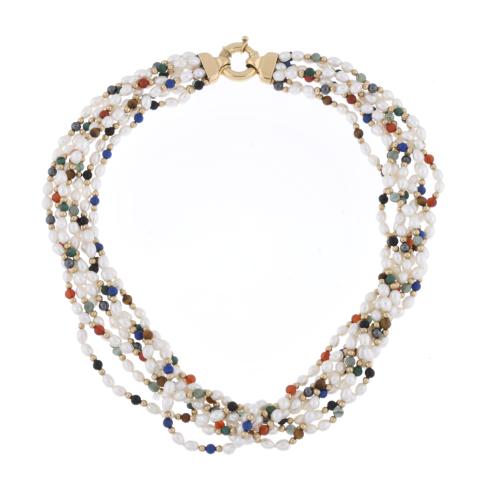 Seven-strand pearsl necklace with coloured gemstones.