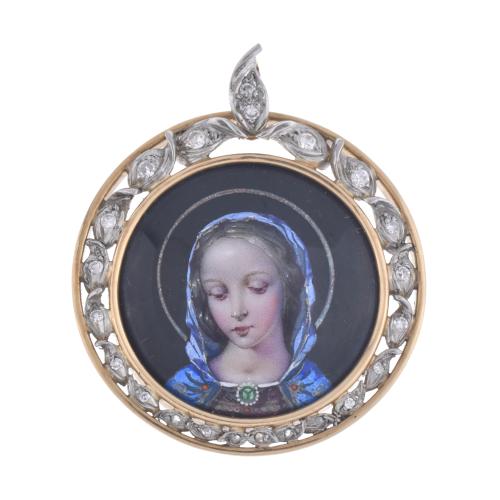 Pendant medal with an image of Madonna surrounded by diamonds.