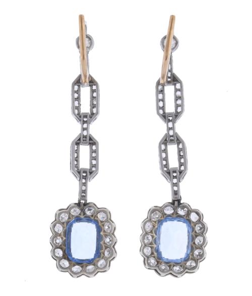 Pendientes art déco con aguamarina y diamantes.