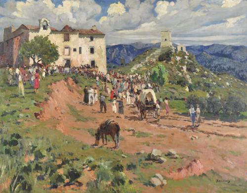 RAMÓN SANVICENS MARFULL (1917-1987). "Romeria en el Santuario de Puiggració", Bigues.