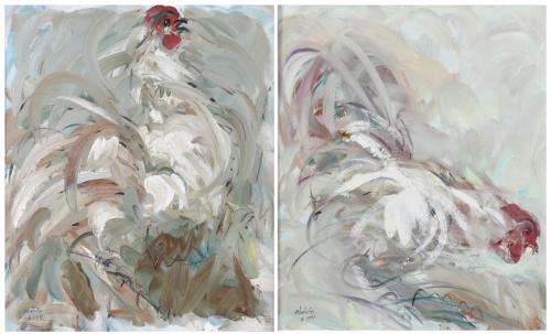 OBDULIO FUERTES SANCHEZ (1944).  Pareja de obras, "Gallo", 1991 y 1990.