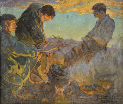 ALBERTO PLA Y GARCÍA (1897-?).  "Hombres alrededor del fuego".