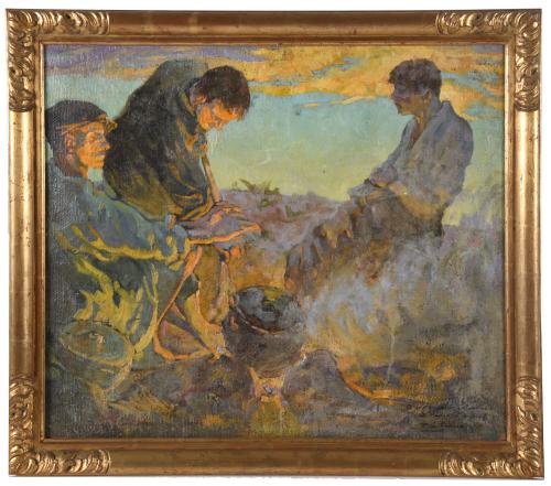 ALBERTO PLA Y GARCÍA (1897-?).  "Hombres alrededor del fueg