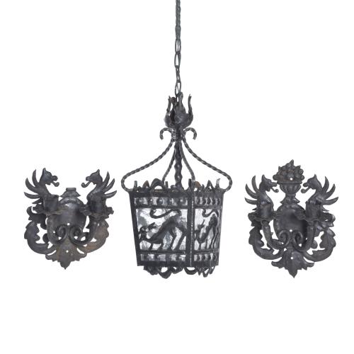 Set of ceiling lantern and pair of wall lamps, Modernist, 20th century.