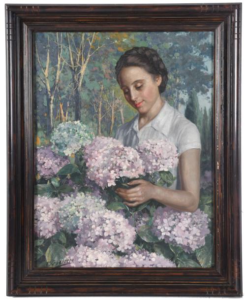 ESCUELA ESPAÑOLA, SIGLO XX. "Joven con hortensias".