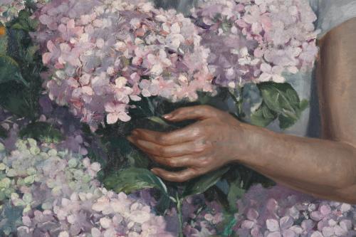 ESCUELA ESPAÑOLA, SIGLO XX. "Joven con hortensias".
