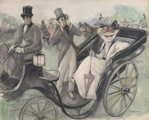 RICARD OPISSO (1880-1966). "Espectadores de la carrera de caballos en su carruaje".