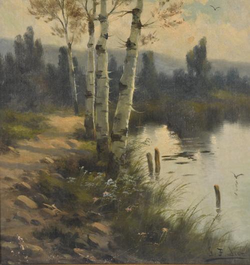 ESCUELA ESPAÑOLA, SIGLO XIX-XX. G.F. DIEZ "Paisaje fluvial"