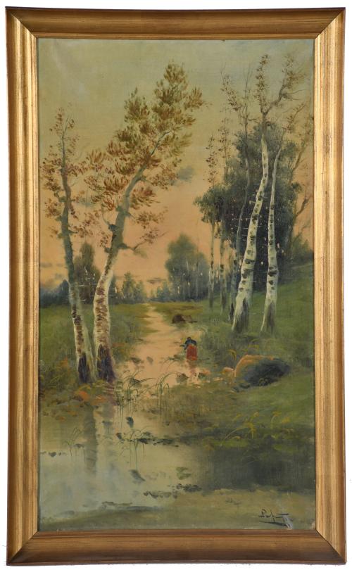 ESCUELA CATALANA, SIGLO XX. "Joven lavando en el riachuelo"