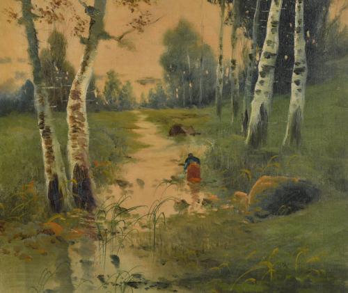 ESCUELA CATALANA, SIGLO XX. "Joven lavando en el riachuelo"
