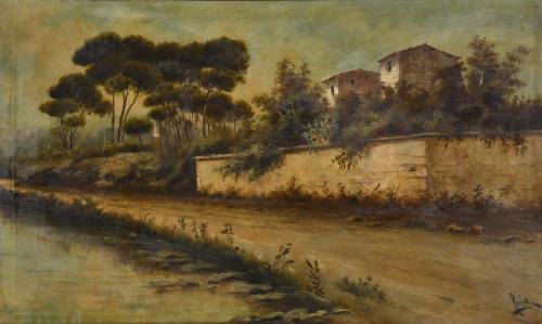 EARLY 20TH CENTURY SPANISH SCHOOL. 'Landscape with houses and river'.