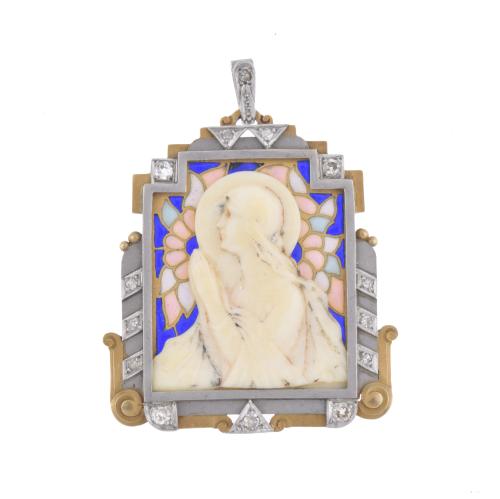 Medalla colgante devocional con imagen de la virgen.