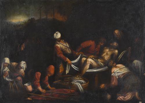 ESCUELA ITALIANA, SIGLO XVIII. "Descendimiento de Cristo", a partir del original de Gerolamo Bassano conservado en el Kunsthistorisches Museum de Viena.