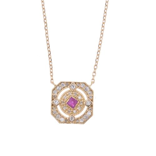 Necklace with rubies and diamonds pendant.