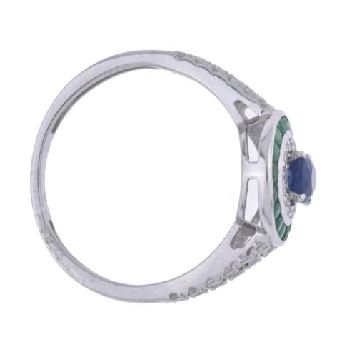 Ring with a sapphire and double border of diamonds and emer