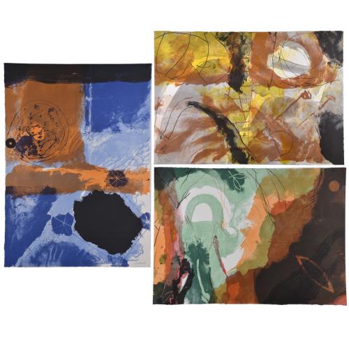 JOSEP GUINOVART (1927-2007). Conjunto de tres litografías:"De blaus i de negres",2001. - 230/350."L'arc verd", 2000. - 193/350."Tardors", 1999. - 205/350.