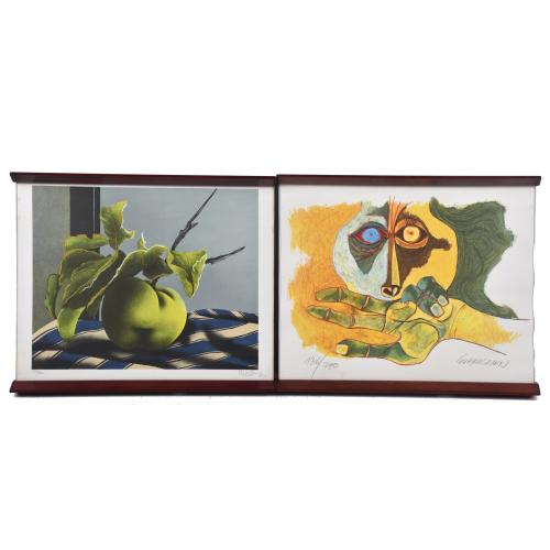 OSWALDO GUAYASAMIN (1919-1999). Y EDUARDO URCULO (1938-2003).  Pareja de litografías enmarcadas.
