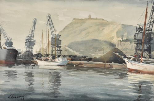 FREDERIC LLOVERAS HERRERA (1912-1983). "Puerto Barcelona y Montjuic", 1946.