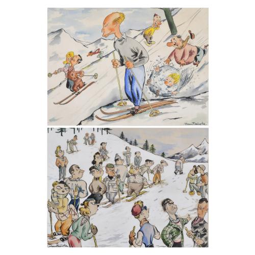 JOAQUIM MUNTAÑOLA  PUIG (1914-2012).  Pareja de ilustraciones humorísticas temática esquí.