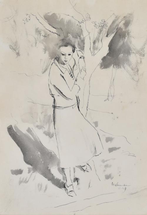 ESCUELA ESPAÑOLA, SIGLO XX. "Mujer apoyada en árbol".